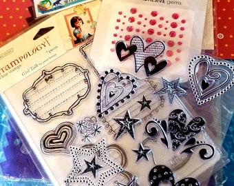 Craft Room Destash / Scrapbook Sopplies / gems / Stickers / 6x6 black pages / Clear Stamps / Junk Journal Supplies