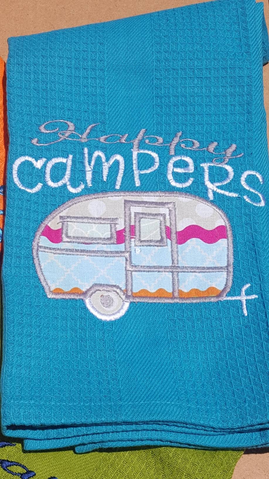 Happy Campers Towel / RV Embroidered Dish Towel / Applique Towel / Home