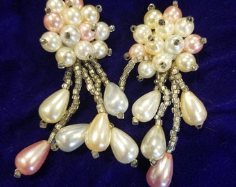 Vintage  Pink and Pearl Faux Dangle Drop Earrings