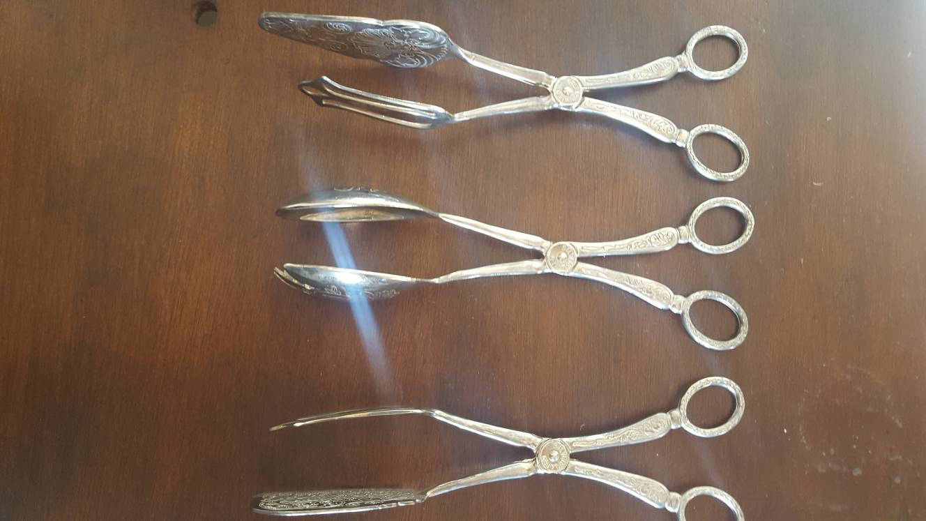 Set of 3 Silver Plate Serving Tongs / Decorative Fine Dining Pastry