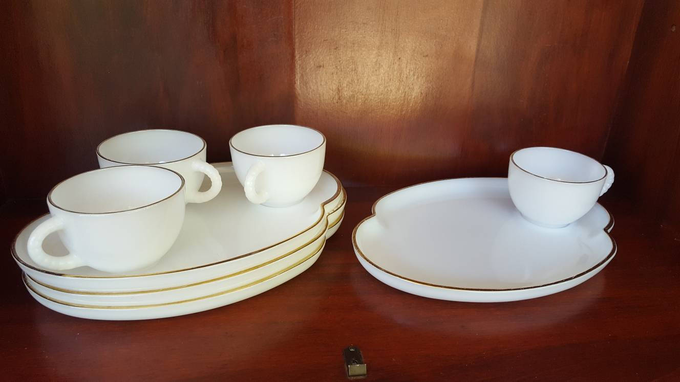 Vintage MILK GLASS Snack Tray & Cup / Gold Rim Luncheon Setting ... Vintage MILK GLASS Snack Tray & Cup / Gold Rim Luncheon Setting ...