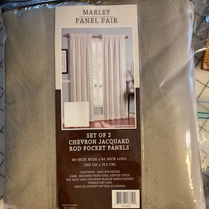 Deep Antique BEIGE Chevron Jacquard 3 inch Rod Pocket Panels 80W x 84L Large Window Treatment.  Estate, NIP.