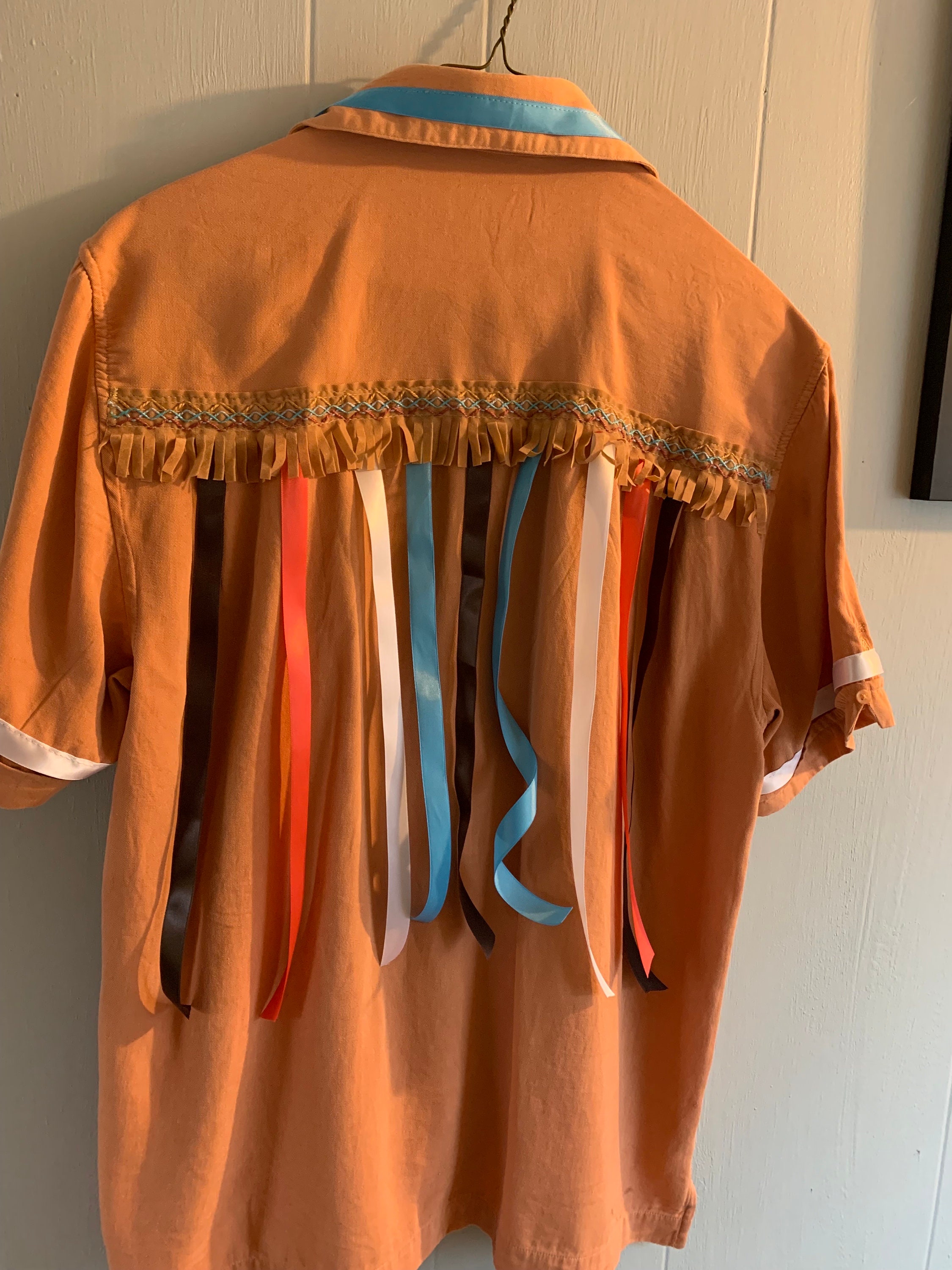 Adult SMALL Salmon/camel Ribbon Shirt, Suede Fringe, Satin