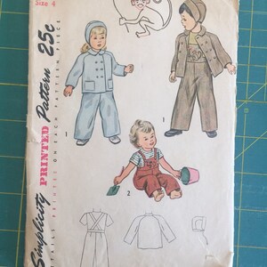 May include: A vintage Simplicity sewing pattern for children's clothing. The pattern is for sizes 4 and includes a monkey illustration, a red balloon, and instructions for making a variety of outfits. The pattern is printed on white paper with blue and red text. The text on the pattern reads "Simplicity Printed Pattern 25c".