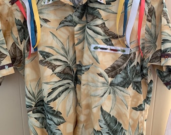 Tribal Ribbon Shirt Adult 2X.  Sea Shells, Bone, Semi-Precious, Wooden Beads, Ribbons. Native Regalia. Short Sleeve, Button Down, Pocket.