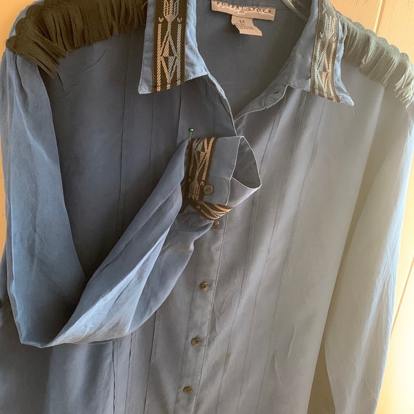 Adult MEDIUM Solid Blue 100% Silk Tribal Ribbon Shirt Pow Wow Regalia. Long Sleeves, Button Down, Pintucking Detail. Unique!