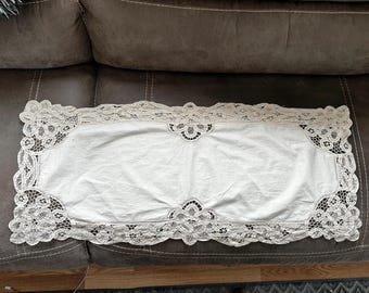 Antique Battenburg Cutwork Pulled Embroidery Linen Valance - Upcycled Window Treatment, 33" x 14"