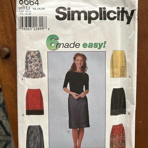 May include: Simplicity sewing pattern 8664, featuring skirt designs. The package includes size options U, 16, 18, and 20. The front of the package shows a woman wearing a skirt and several skirt design illustrations.