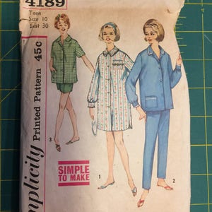 May include: Vintage Simplicity sewing pattern number 4189 for a teen size 10, bust 30. The pattern includes instructions for making a pajama top and pants. The pattern is labeled "Simple to Make".