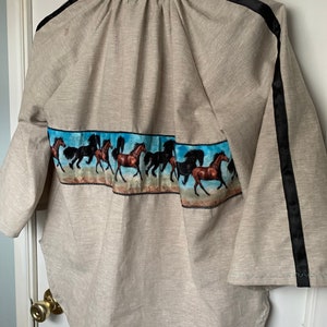 Adult XL Running Horses Pow Wow Shirt Tribal Regalia. Natural Hemp Cotton. 44” Chest. Pull Over, Easy to Wear