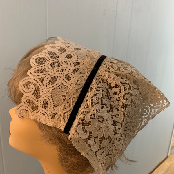 Ladies SMALL Day Cap Bonnet, Ruffles, Scallop Edges, Floral Beige Civil War Victorian Era. Antique Laces and Reclaimed Black Velvet  Ribbon!