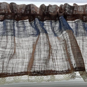 Lace on Burlap Jute Unlined Wide VALANCE Curtain Topper 3 inch Flat Satin Accent, 14&quot; x 45 or 70&quot; finished.