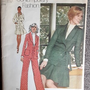 May include: Vintage sewing pattern for a women's suit. The pattern is for a size 10, bust 32 1/2 inches. The pattern is for stretch knits only. The pattern features two different styles of suits, one with a green skirt and jacket and the other with a red pantsuit.