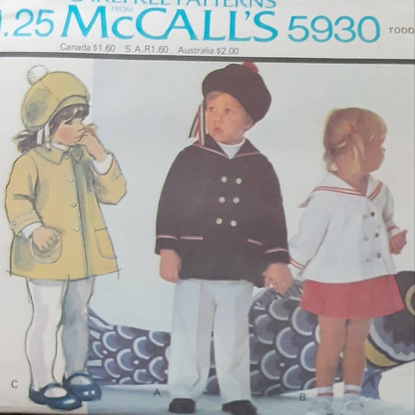 Toddler SAILOR Coat, Jacket & Hat.  Size 3.  McCalls #5930 Precut Retro 70s Sewing Pattern.