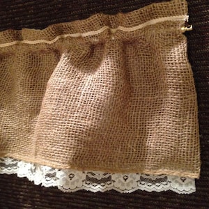 BURLAP & Vintage Lace and Trim. Small 13 inch Curtain VALANCE. Door Window Small Toppers.  Custom Made