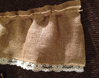 BURLAP & Vintage Lace and Trim. Small 13 inch Curtain VALANCE. Door Window Small Toppers.  Custom Made
