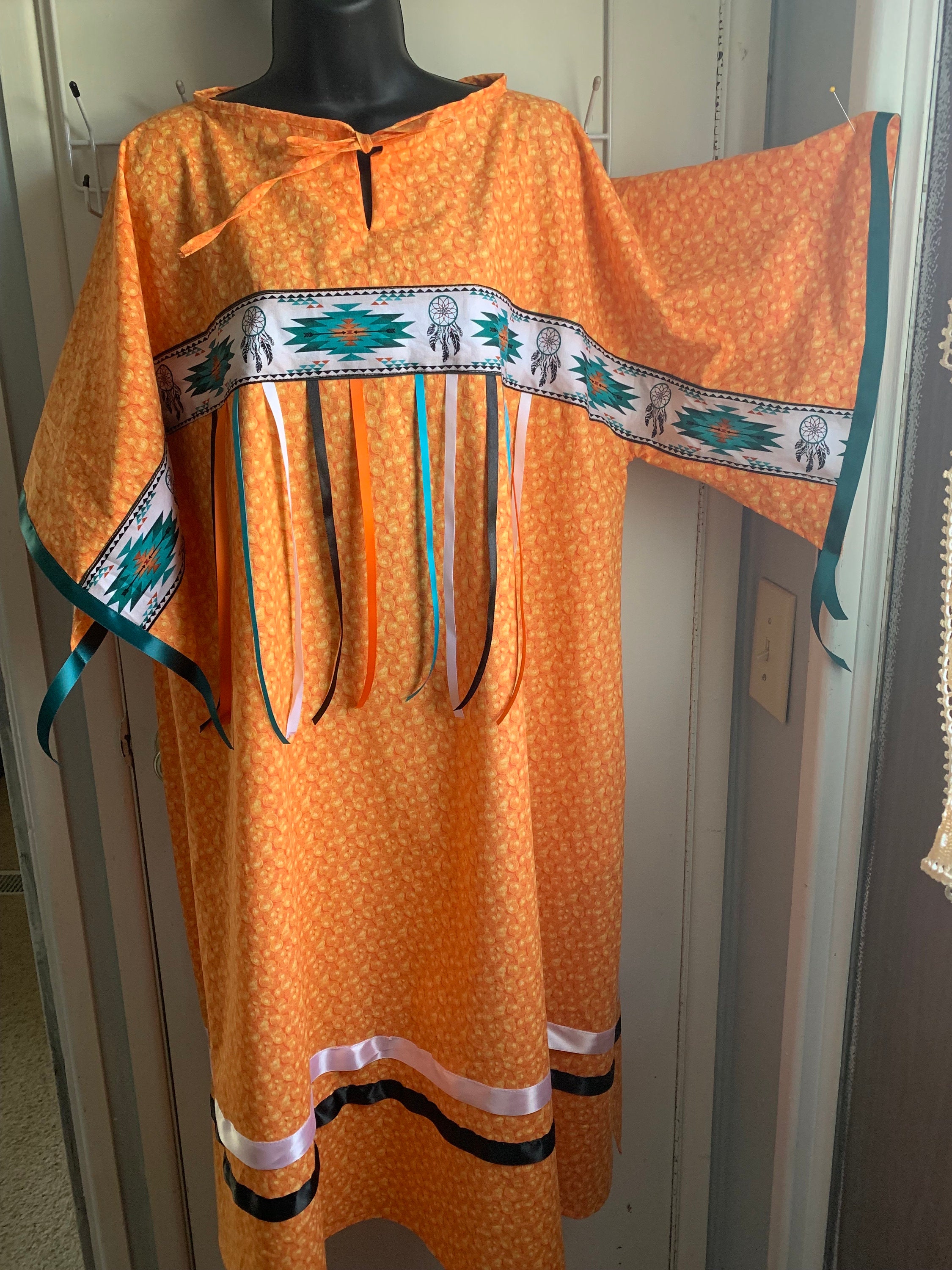 Orange Cotton Trade Cloth RIBBON DRESS Dream Catcher. Pow Wow Ceremonial Ladies 44-48” Bust. Free Hair Clip. Easy to Wear