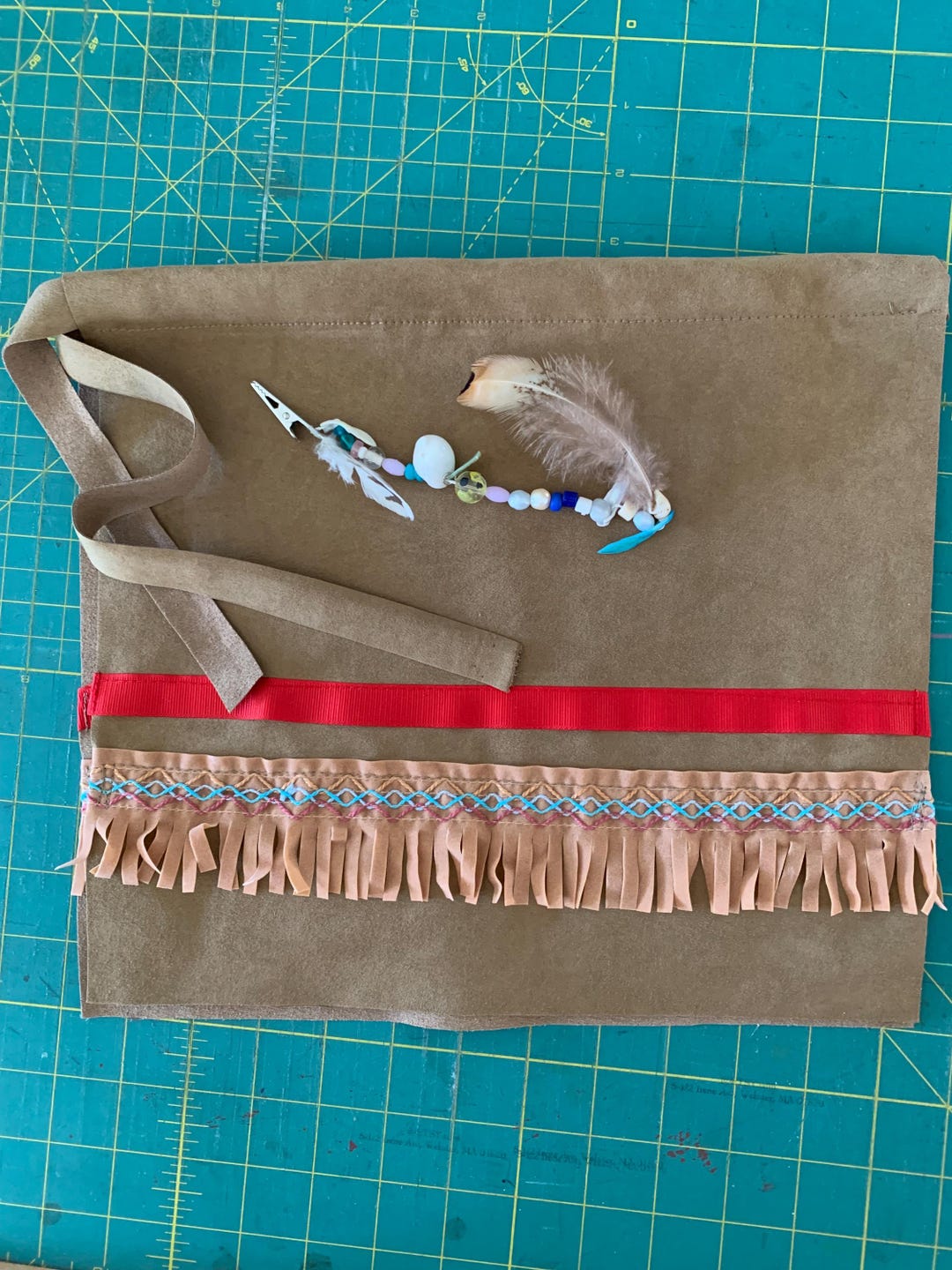 Breech LOIN CLOTH. Small 26-30” Waist. Suede Fringe, Red Ribbon Trim ...