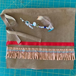 Breech LOIN CLOTH. Small 26-30” waist. Suede Fringe, Red Ribbon Trim. All sizes, made-to-order. Self Tie Sash, Feather Beaded Clip