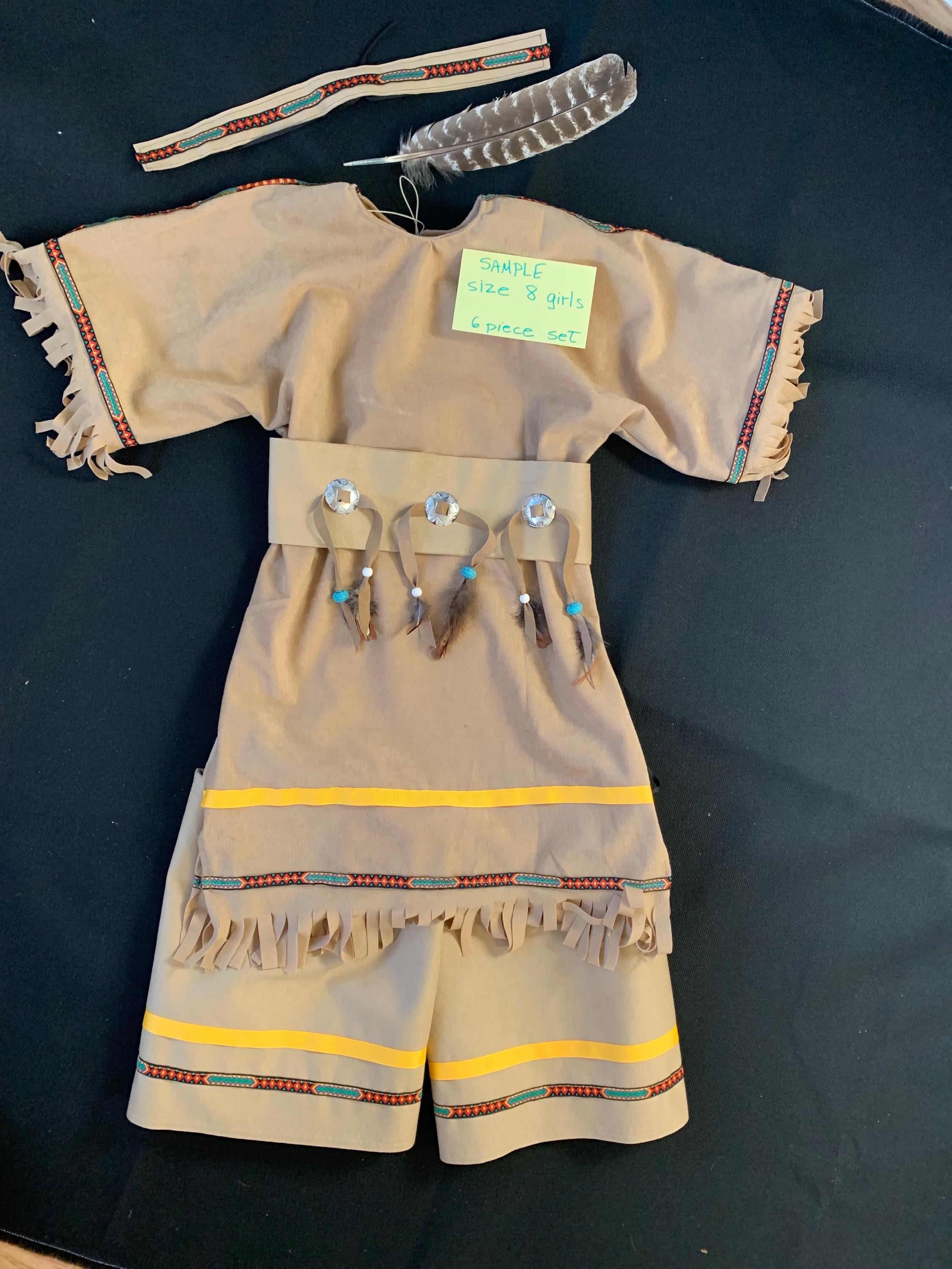First Nations Tribal DRESS Girls Size 8. Pow Wow Ceremonial, Leggins, Feathered Head Band, Suede Leather Concho Sash. Washable