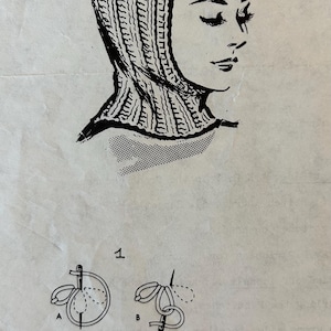 May include: Black and white illustration of a woman wearing a knitted hood. Below the illustration are diagrams demonstrating the "Lazy Daisy Stitch" technique, with the text "Lazy Daisy Stitch" below the diagrams.