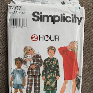 May include: Simplicity sewing pattern number 7407 for children's pajamas and a robe. The pattern includes three different designs: a red robe, a plaid pajama set, and a striped pajama set. The pattern is labeled "2 Hour" and includes sizes AA, 3, 4, 5, and 6.