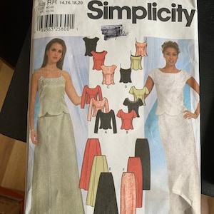 May include: Simplicity sewing pattern number 7219 for sizes 14, 16, 18, and 20. The pattern includes instructions for making a top and skirt. The top has a variety of neckline and sleeve options. The skirt has a variety of lengths and styles. The pattern is printed on white paper with black text and illustrations.