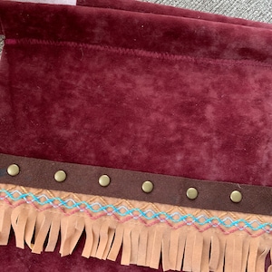 Tribal Chevrons, Suede Metal, Fringe LOIN CLOTH Pow Wow Regalia Costume. Unisex Adult 32-38+ waist, Heavy Maroon Velour with 60” Same Sash