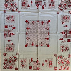 Country Store Theme Tablecloth Retro Red Pink Tan on White Homespun LINEN Blend. Lots of Detail, 50” Square.  Estate Treasure