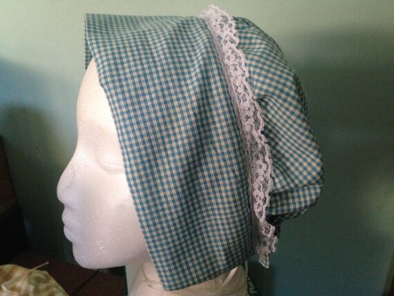 green white NEW HANDMADE CHILDS PRAIRIE PIONEER SUN BONNET ~blue