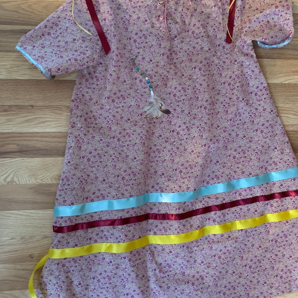 First Nations Child 8-10 Trade Cloth RIBBON DRESS Pow Wow Ceremonial Pink Floral Calico Cotton Print. Feathered Hair Clip. Easy to Wear