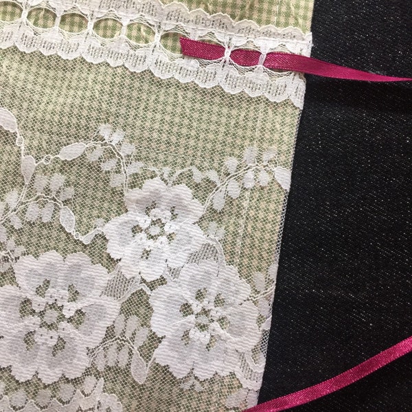 Tiny Green Check CURTAIN VALANCE Shabby Romantic White Rose Lace Unlined Curtain VALANCE Handmade Custom to Size