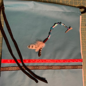 Loin Cloth Teal Blue Pow Wow Regalia Costume. Unisex Adult Med 30-36” waist. faux leather, 64” Rolled Wool Sash, feathered Clip!
