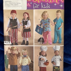 May include: Simplicity sewing pattern 3650 for toddler costumes. The package features images of children dressed as pirates, chefs, and cowboys. The text "Costumes for kids" is displayed in a purple and gold font.
