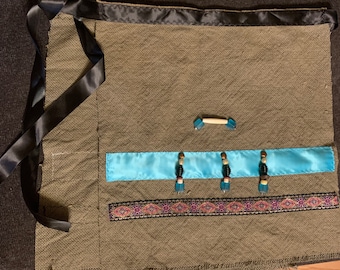 LOIN CLOTH 32-36" waist. Homespun Burlap Camo Green Fringed Tribal Regalia. Unisex, Wide Black Ribbon Sash Tie