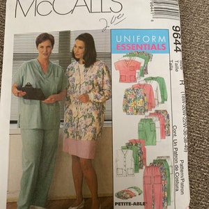 May include: McCall's pattern 9644 for a uniform, featuring a floral print jacket, pants, and a vest. The pattern includes petite-able sizes and overlock/serger tips.