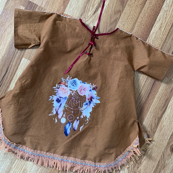 First Nations Dreamcatcher DRESS Girl 4-6 Buckskin Colored Trade Cloth Pow Wow Ceremonial Washable Cotton. Feathered Hair Clip. Easy to Wear