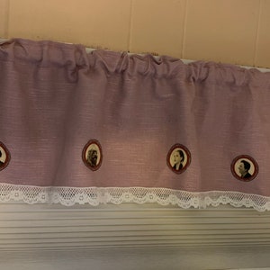Wizard of Oz ACTORS (7) Curtain Valance 10 x 52 inches.  Privacy Panel 18-24 x 52". OOAK Set. Vintage Drapery Weight Dusty Mauve with Lace.