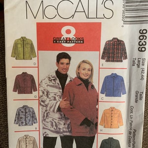 May include: A sewing pattern for a jacket with eight different looks. The pattern is called "Great Looks" and is for sizes 42 and 44. The pattern includes a variety of styles, including a plaid jacket, a denim jacket, and a jacket with a penguin print.