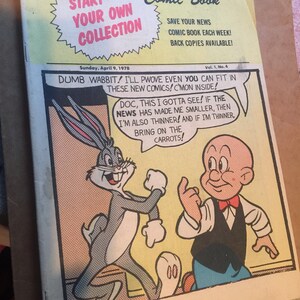 May include: A comic book cover featuring Bugs Bunny and Porky Pig. The cover is yellow with black and red text. The text reads "South Middlesex News Comic Book" and "Start Your Own Collection". The comic book is from April 9, 1978.