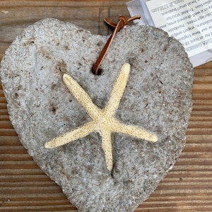 Hypertufa 7&quot; STARFISH on HEART Garden Barn Fence Art.  All Natural Organics, Glass Stone. One-of-a-Kind Year Round Outdoor Decor