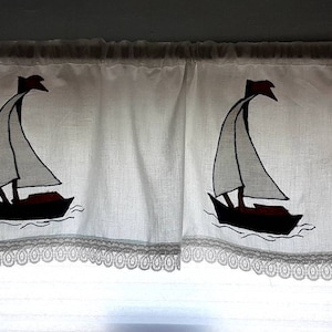 SAILBOATS Valance or Privacy Curtain Panel 11&quot; x 45&quot;wide. Beach Cottage Embroidered Patriotic on pure white sheeting.