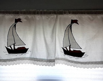 SAILBOATS Valance or Privacy Curtain Panel 11&quot; x 45&quot;wide. Beach Cottage Embroidered Patriotic on pure white sheeting.