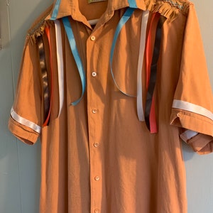 Adult SMALL Salmon/Camel Ribbon Shirt, Suede Fringe, Satin Ribbons,  Native Regalia. OOAK, Short Sleeve, Button Down.  Pre-owned Cubavera.