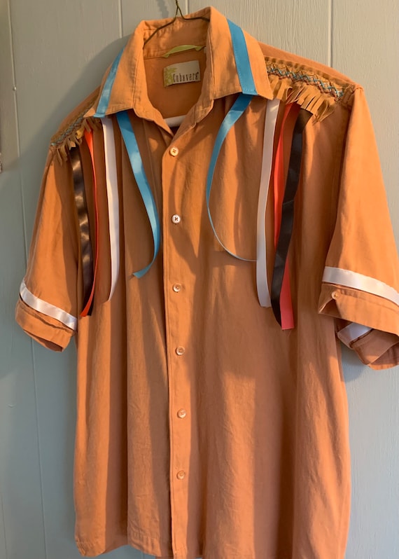 Adult SMALL Salmon/camel Ribbon Shirt, Suede Fringe, Satin