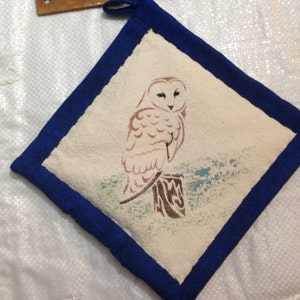 OWL on Tree Stump Hot Mat, Potholder 8.5 inch.  Felted wool.