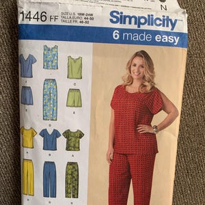 May include: Simplicity sewing pattern number 1446 for sizes US 18W-24W, Euro 44-50, and French 46-52. The pattern includes instructions for making a red and white patterned top and pants set. The pattern also includes instructions for making a variety of tops and pants in different colors and patterns.