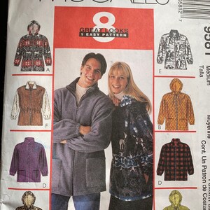 May include: McCall's sewing pattern featuring eight jacket designs. The pattern includes a variety of styles, including hooded jackets, a vest, and a plaid jacket. The cover showcases the designs with a photo of a man and woman wearing the jackets.