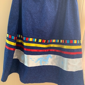 RIBBON SKIRT 36 - 44&quot; Adjustable Waist.  Navy Blue on Blue Stones Cotton Print, Earth Elements Colors, Satin Ribbons. Ceremonial Regalia