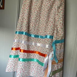 Misses ONE SIZE Adjustable Waist, First Nation Long Ceremonial Ribbon Skirt, Floral Calico Cotton. Feathered Hair Clip included!